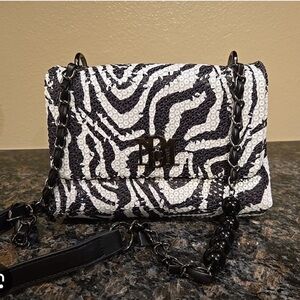 Badgley Mischka Zebra Print Sequin Crossbody Bag with Chain Strap New with Tags